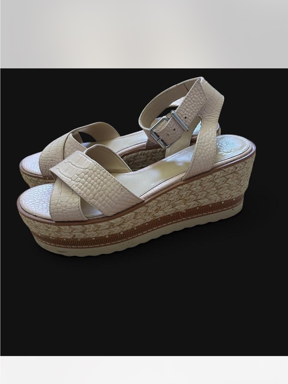 Vince Camuto Beige Croc-Embossed Platform Wedge Sandals